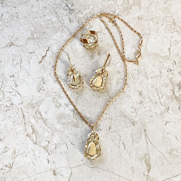 Blue Oval Jewelry SET Drop Earrings Necklace Adjustable Ring Gold NEW - Picture 6 of 10